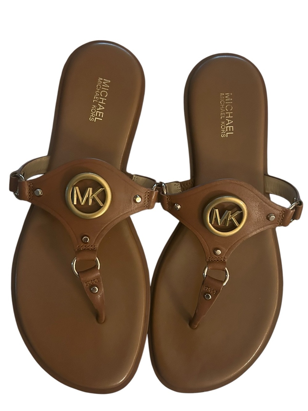 EUC Michael Kors Brown Gold Sandals with Signature Medallion Size 8.5